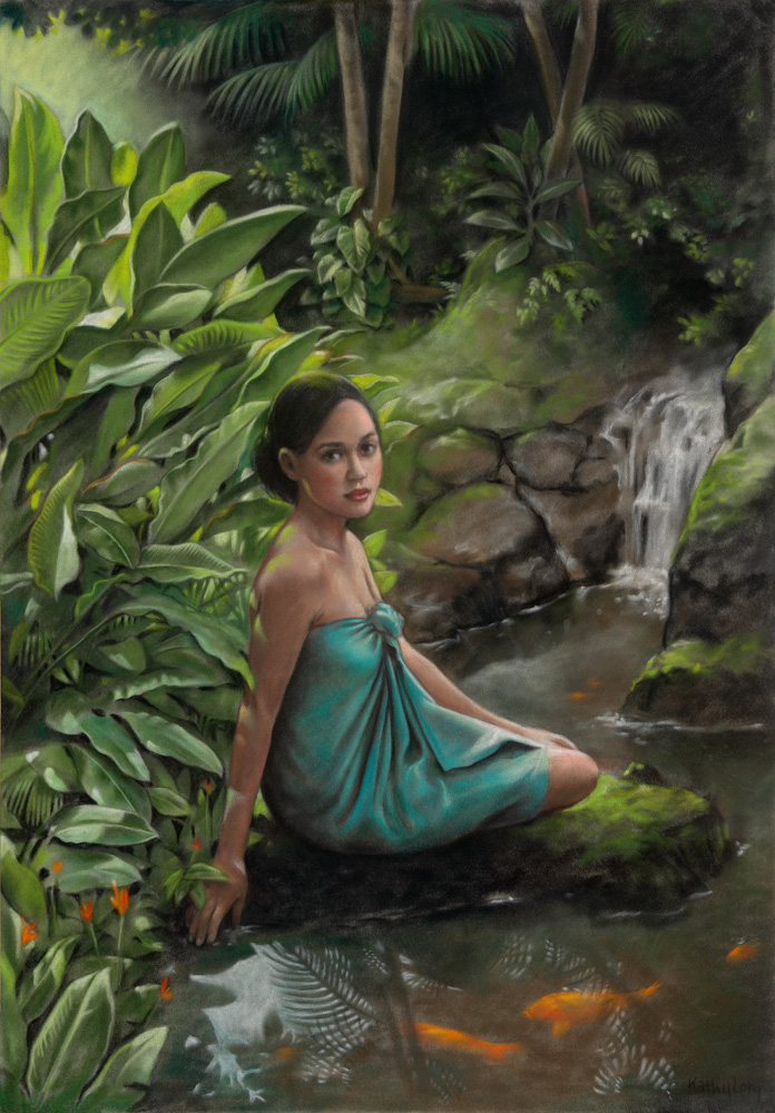tropical hawaiian kathy artist morning hawaii woman polynesian contemporary paintings island moring falls twin